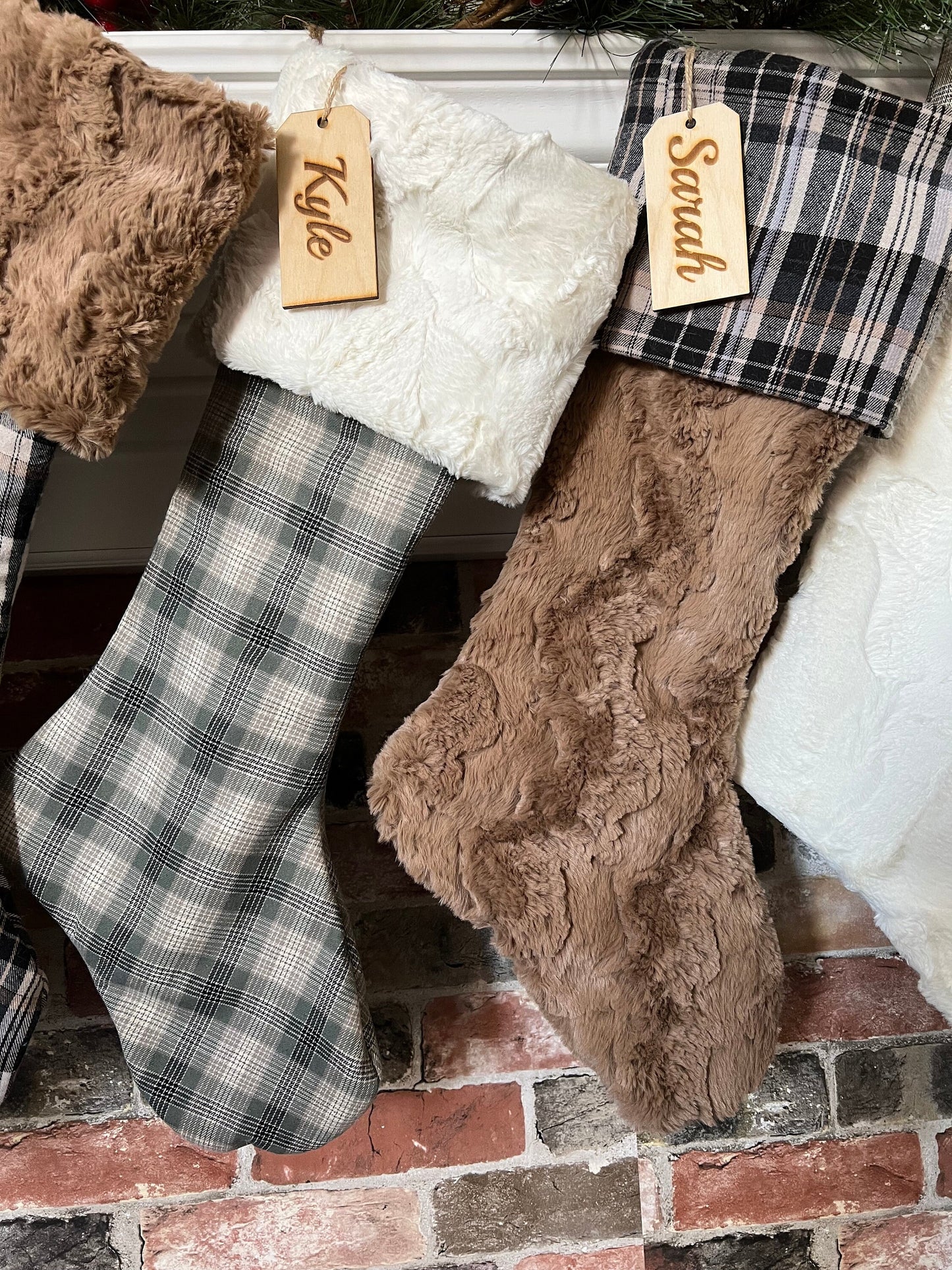 Neutral Brown Plaid Christmas Stocking - Personalized