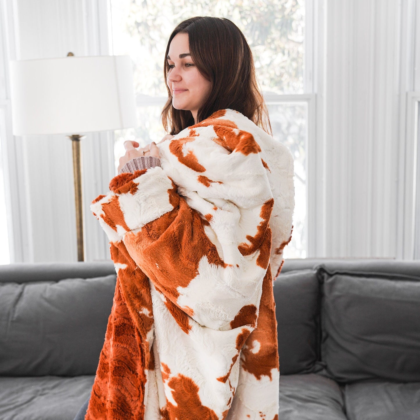 Penny Calf with Ginger Glacier Orange Adult Minky Throw Blanket