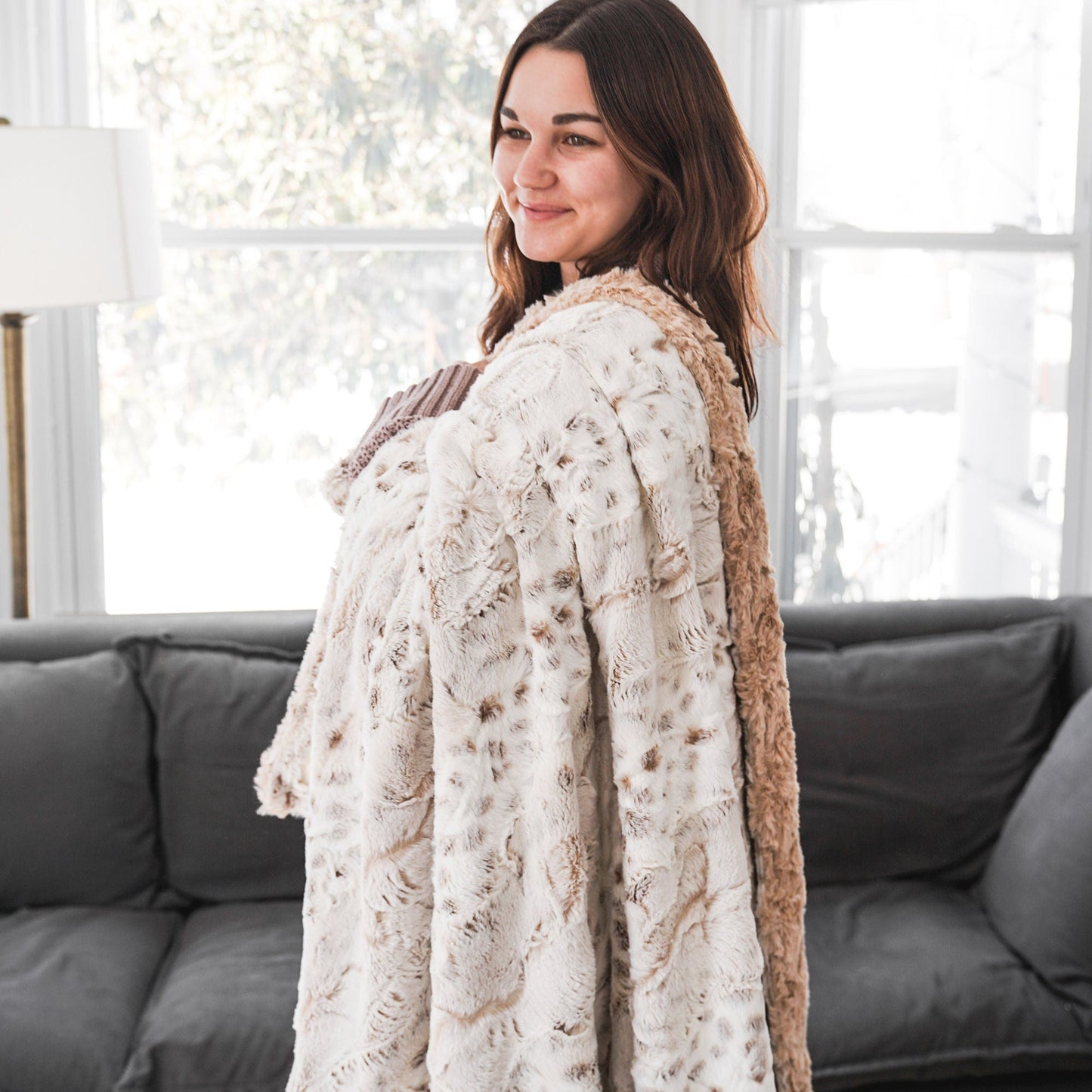 Natural Snow Owl and Latte Glacier Adult Minky Throw Blanket