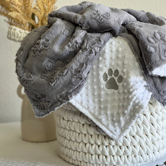 Gray Embossed Paw Print Minky Pet Blanket - Personalized