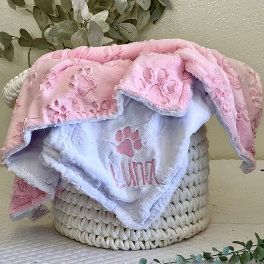 Blush Embossed Paw Minky Pet Blanket - Pink Dog Blanket - Personalized