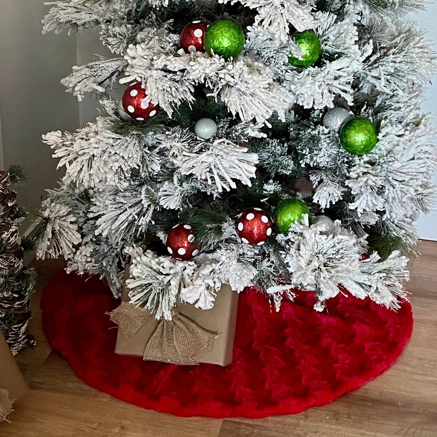 Reversible Minky Christmas Bright Red Glacier Tree Skirt - Double Sided Tree Skirt