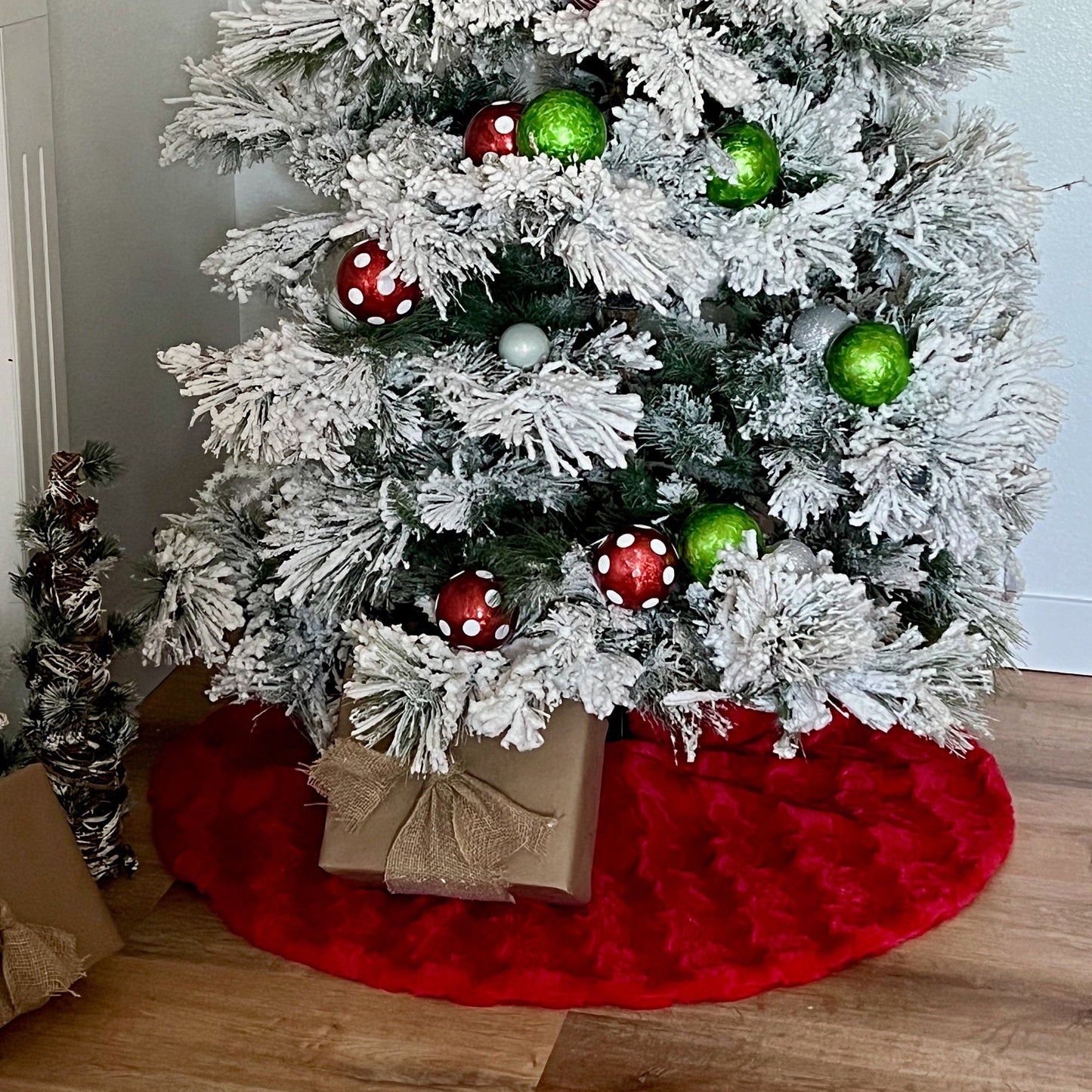 Reversible Minky Christmas Bright Red Glacier Tree Skirt - Double Sided Tree Skirt