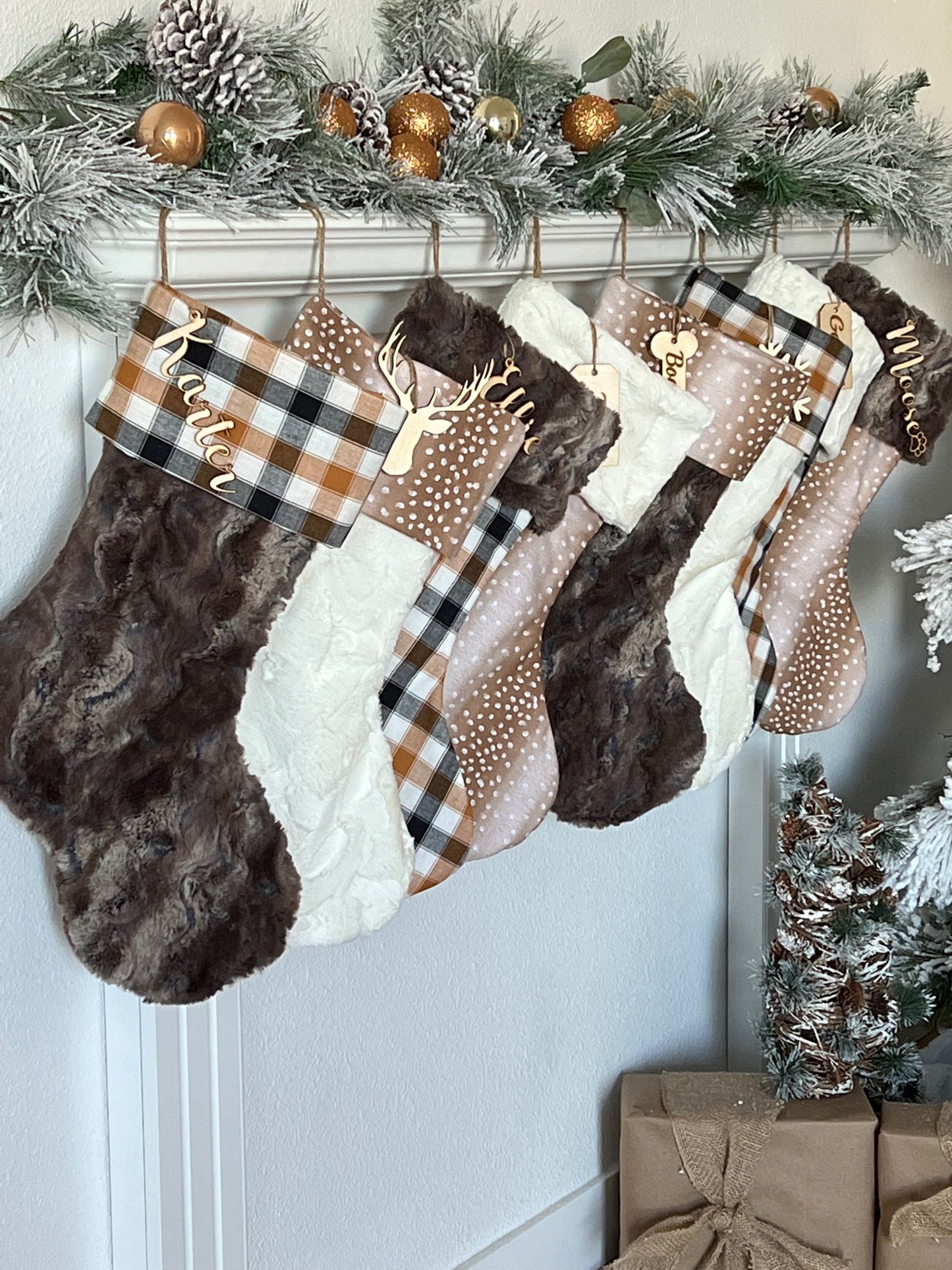 Plaid Brown and Ivory Fawn Christmas Stocking - Personalized
