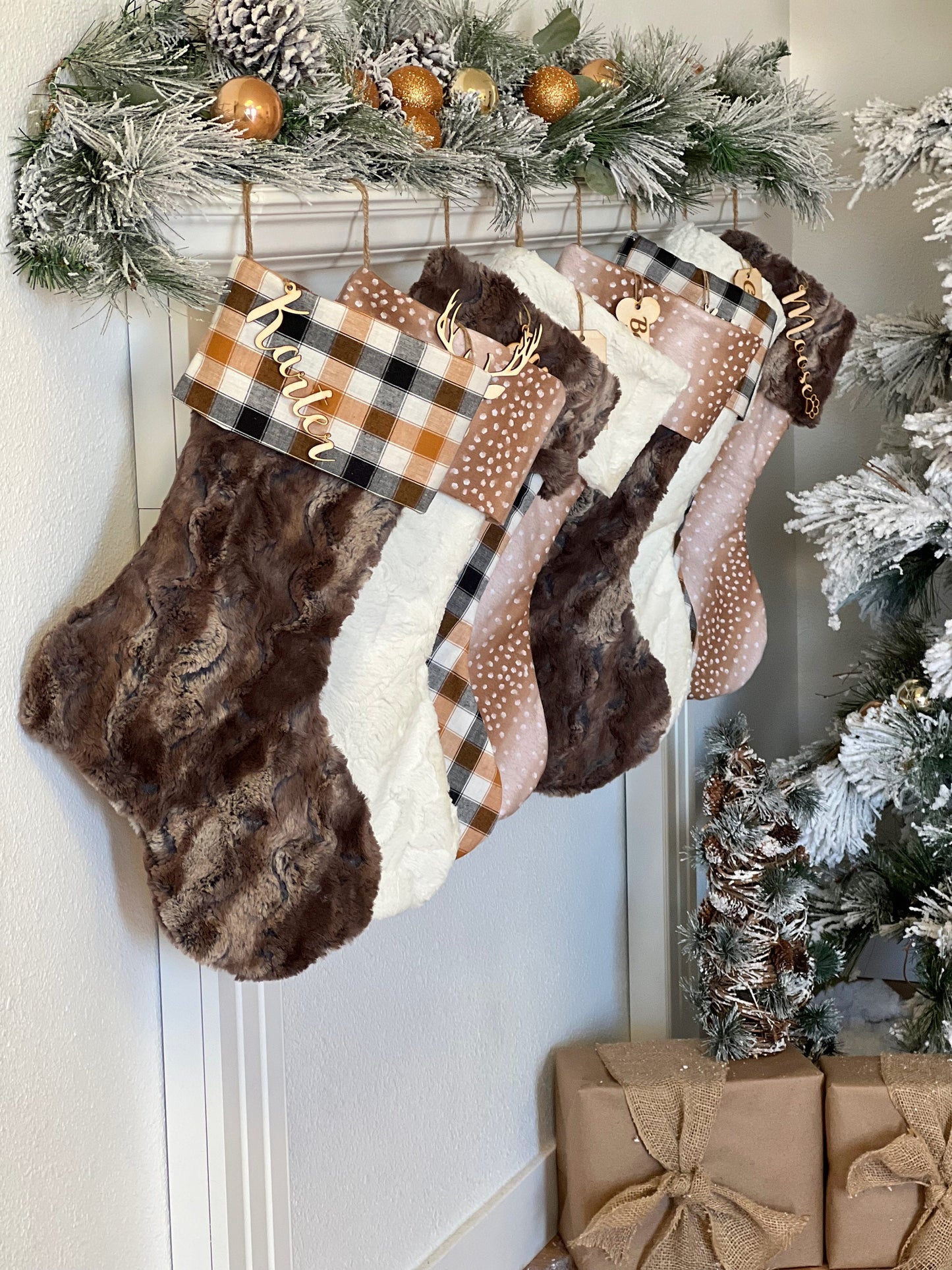 Plaid Brown and Ivory Fawn Christmas Stocking - Personalized