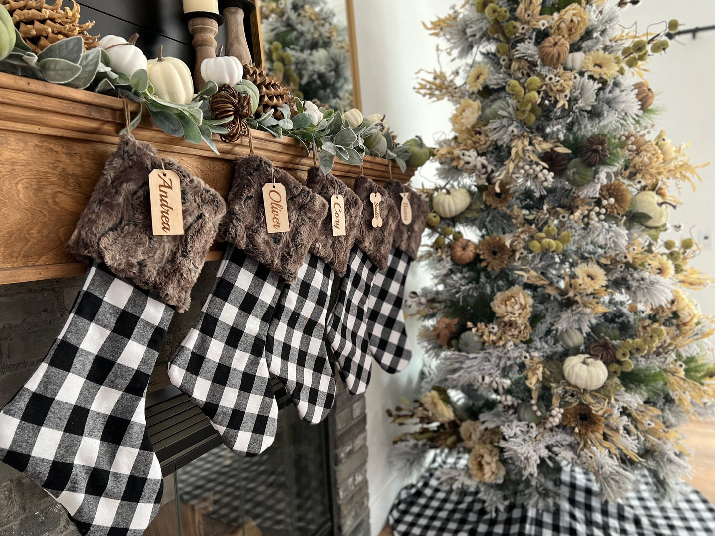 Buffalo Check Black and White Christmas Stocking - Personalized