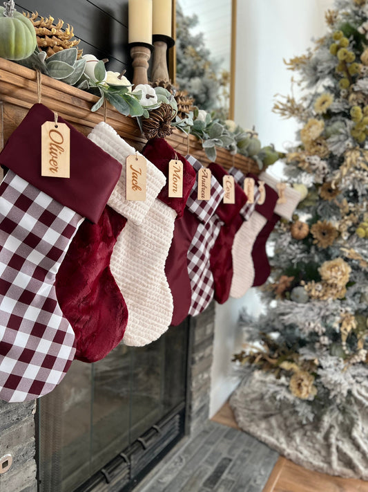 Burgundy Maroon Plaid Christmas Stocking - Personalized