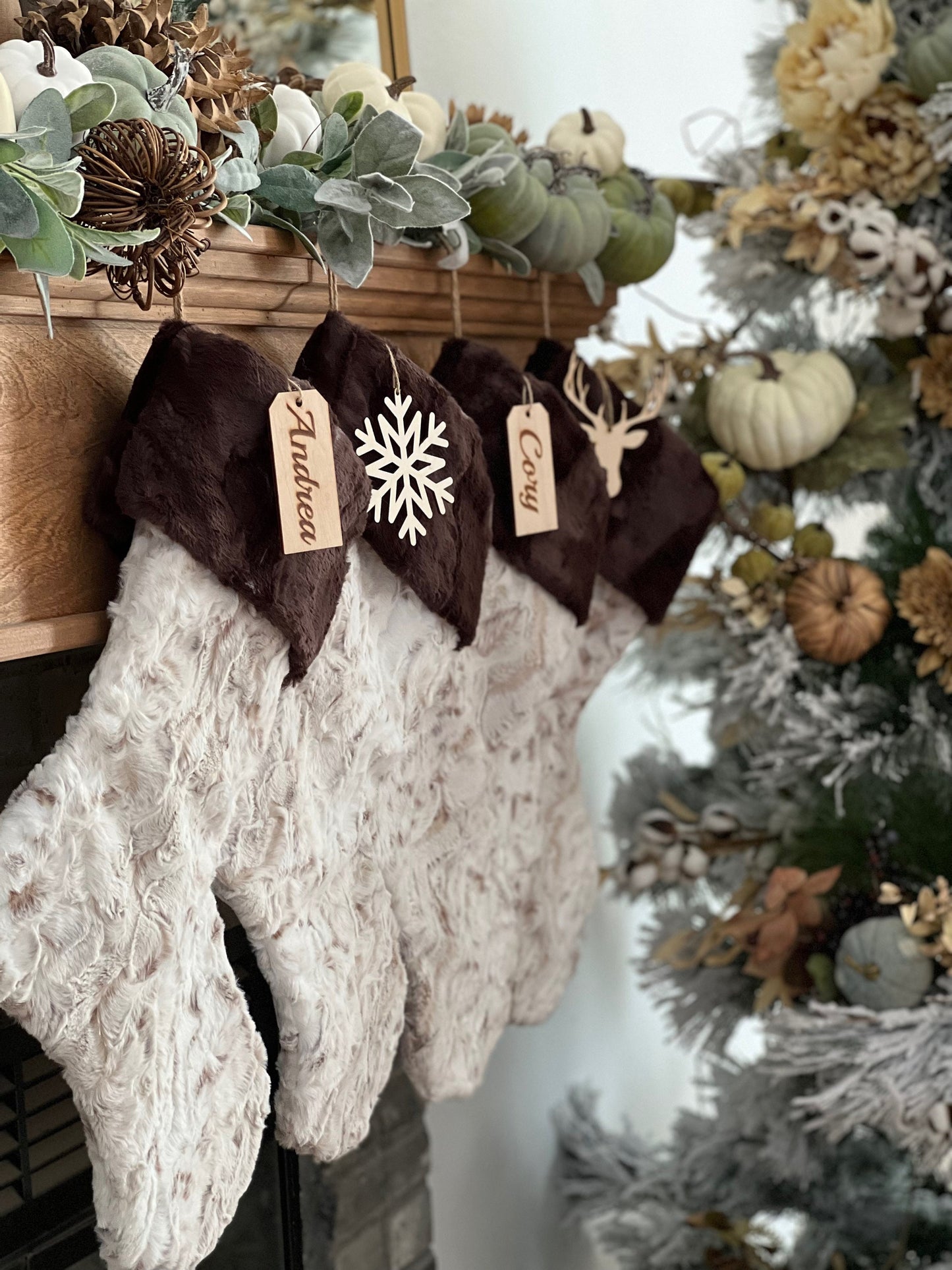 Neutral Brown Taupe Beige Snow Owl Christmas Stocking - Personalized