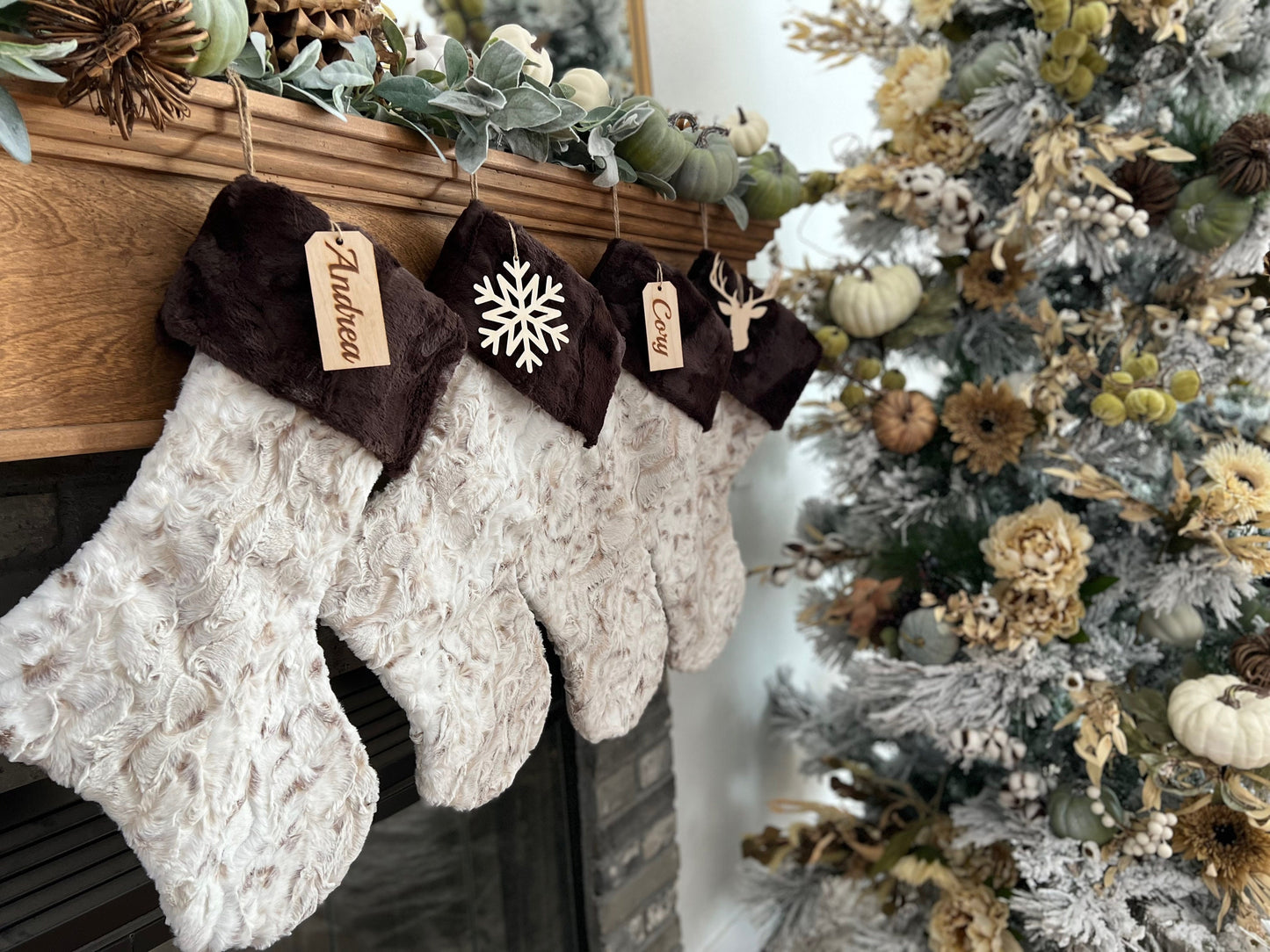 Neutral Brown Taupe Beige Snow Owl Christmas Stocking - Personalized