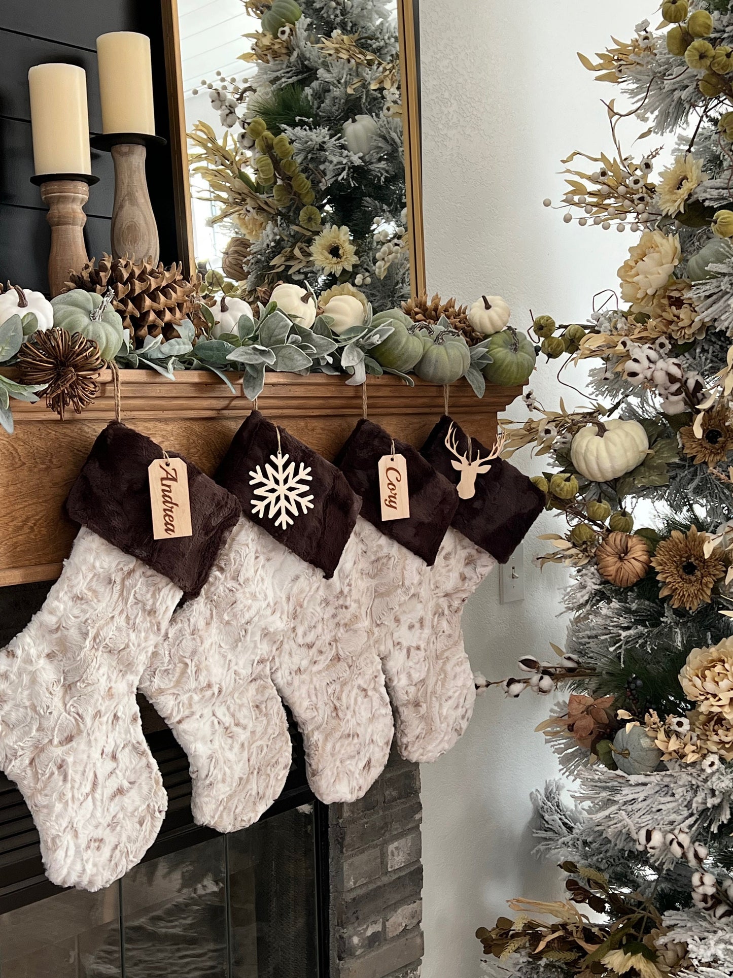 Neutral Brown Taupe Beige Snow Owl Christmas Stocking - Personalized