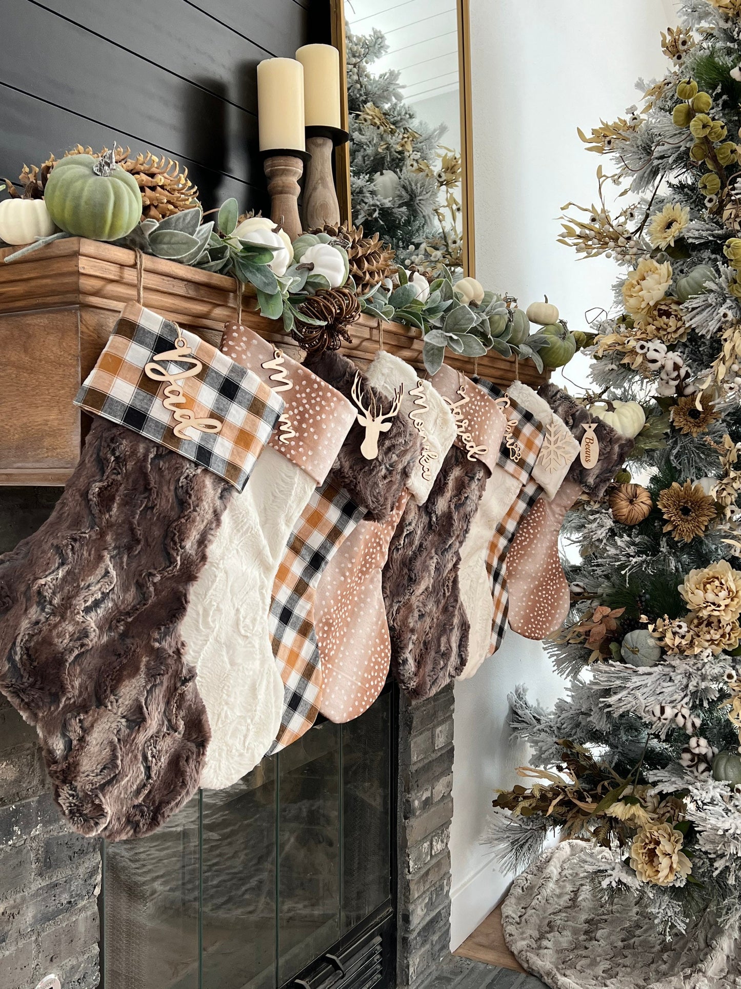 Plaid Brown and Ivory Fawn Christmas Stocking - Personalized