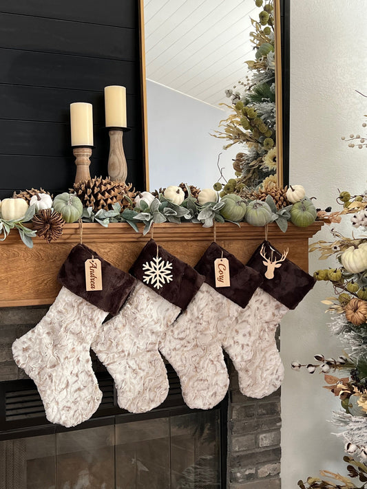Neutral Brown Taupe Beige Snow Owl Christmas Stocking - Personalized