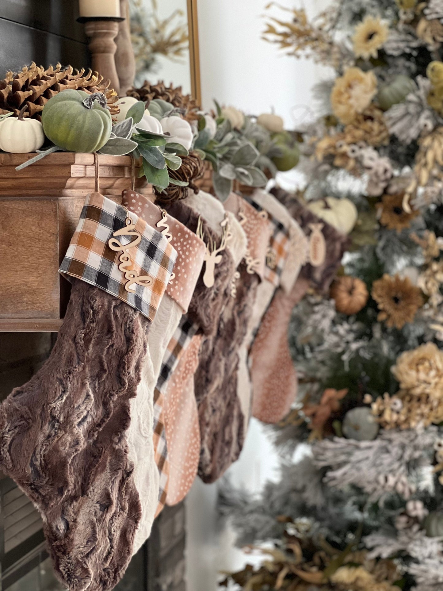 Plaid Brown and Ivory Fawn Christmas Stocking - Personalized