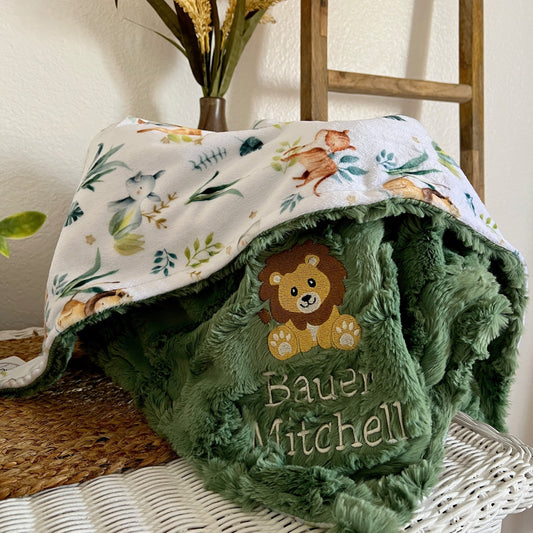 Embroidered Lion Safari Minky Baby Blanket - Personalized