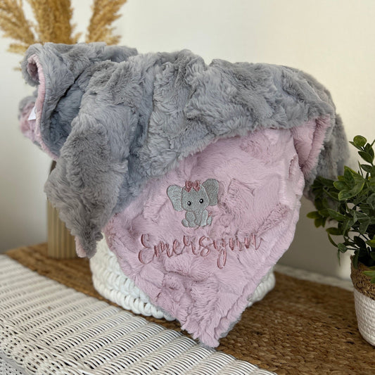 Embroidered Elephant Silver Glacier Minky Baby Blanket - Personalized