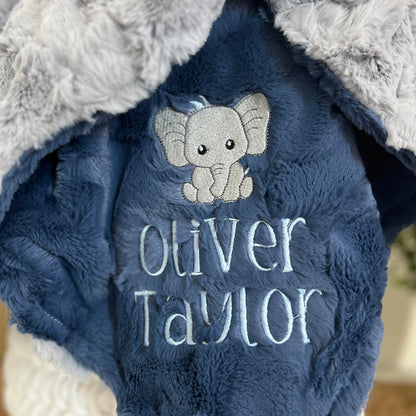 Embroidered Elephant Silver Glacier Minky Baby Blanket - Personalized