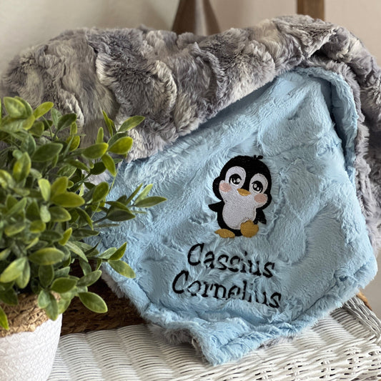 Embroidered Penguin with Chrome Rabbit Minky Baby Blanket - Personalized