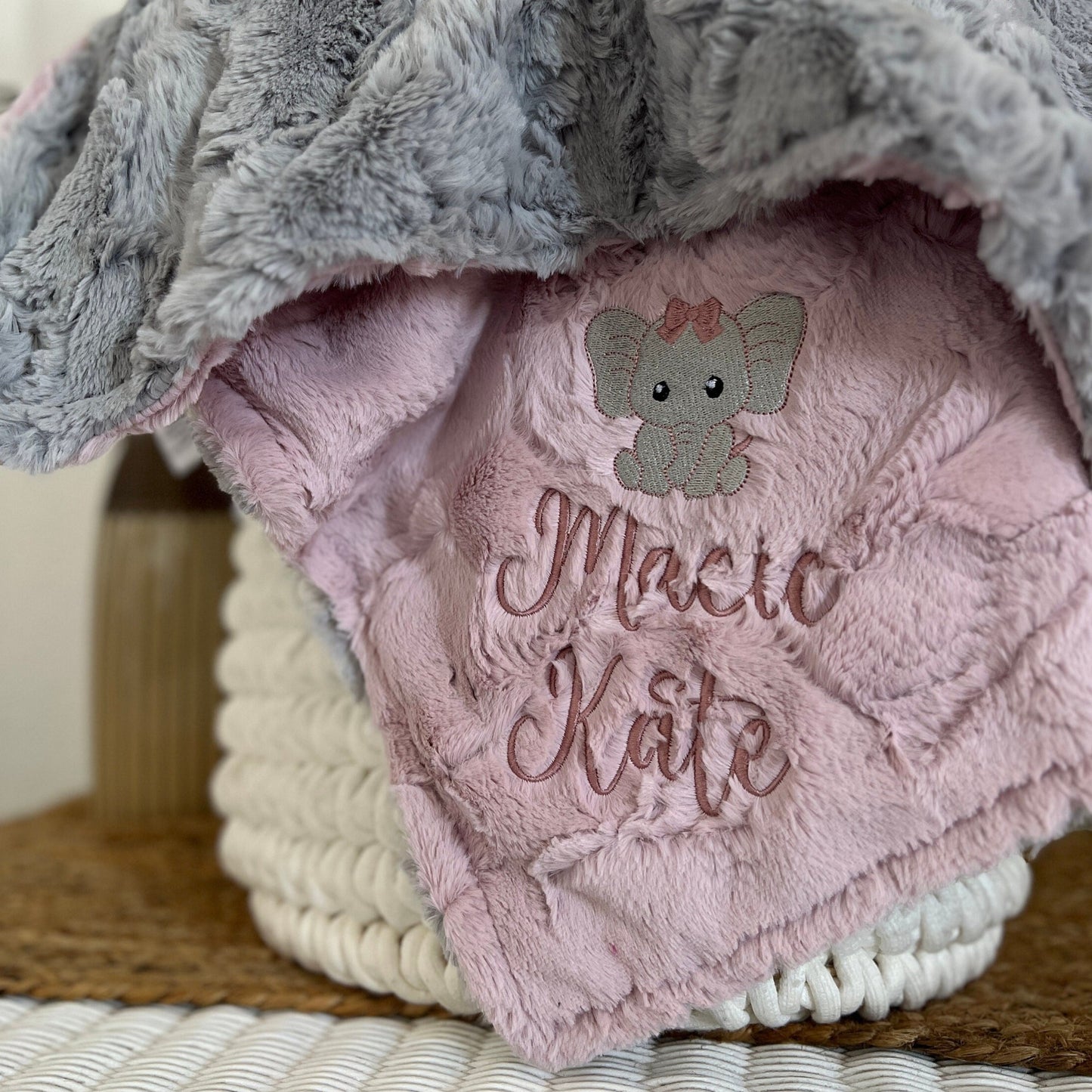 Embroidered Elephant Silver Glacier Minky Baby Blanket - Personalized