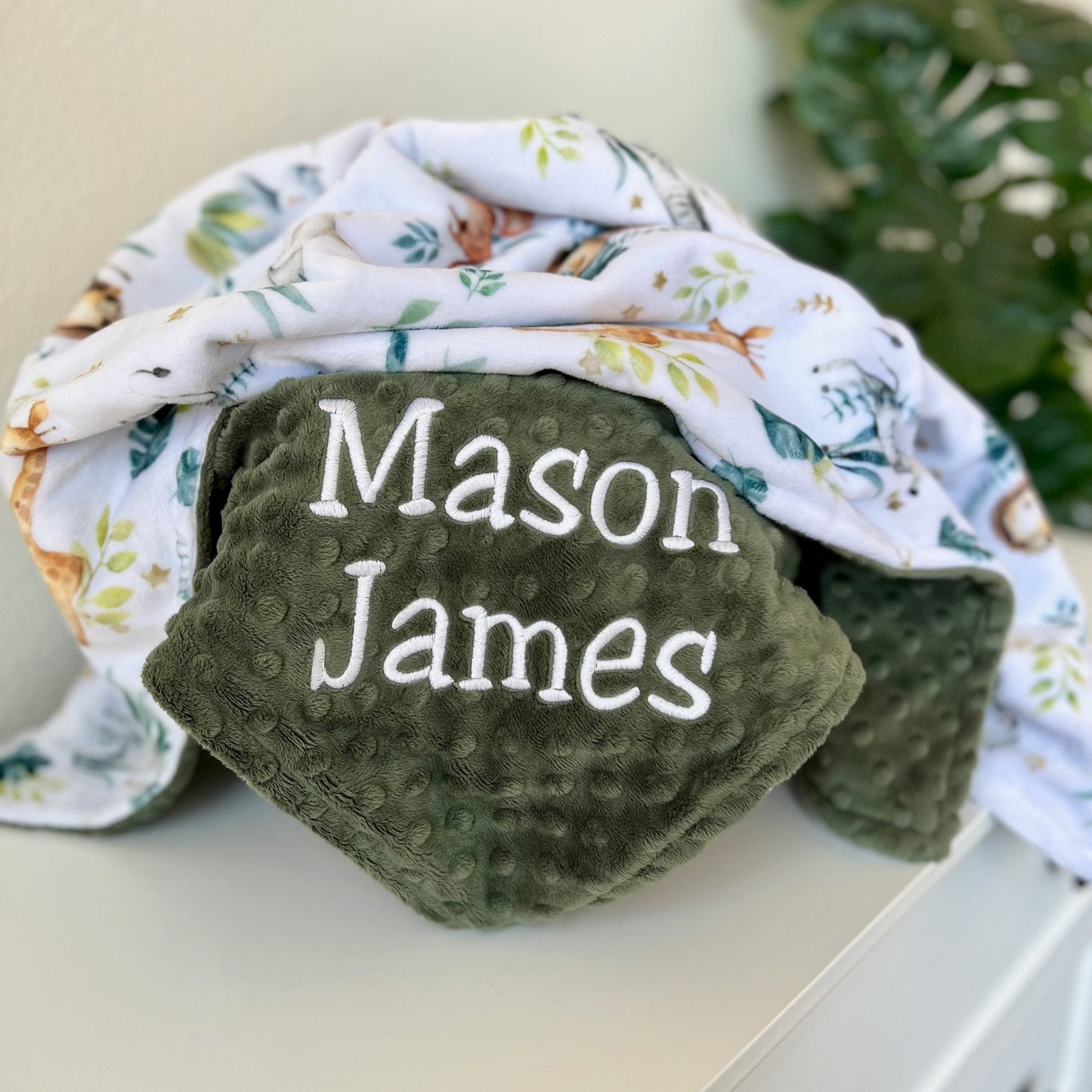 Embroidered Lion Safari Minky Baby Blanket - Personalized