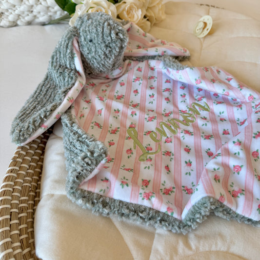 Embroidered Baby Bunny Lovey, Vintage Rose Security Blanket, Sage Personalized Bunny