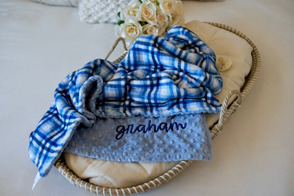 Blue Gingham Minky Baby Blanket - Baby Boy Gift - Plaid Personalized Baby Shower Gift