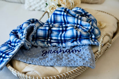 Blue Gingham Minky Baby Blanket - Baby Boy Gift - Plaid Personalized Baby Shower Gift