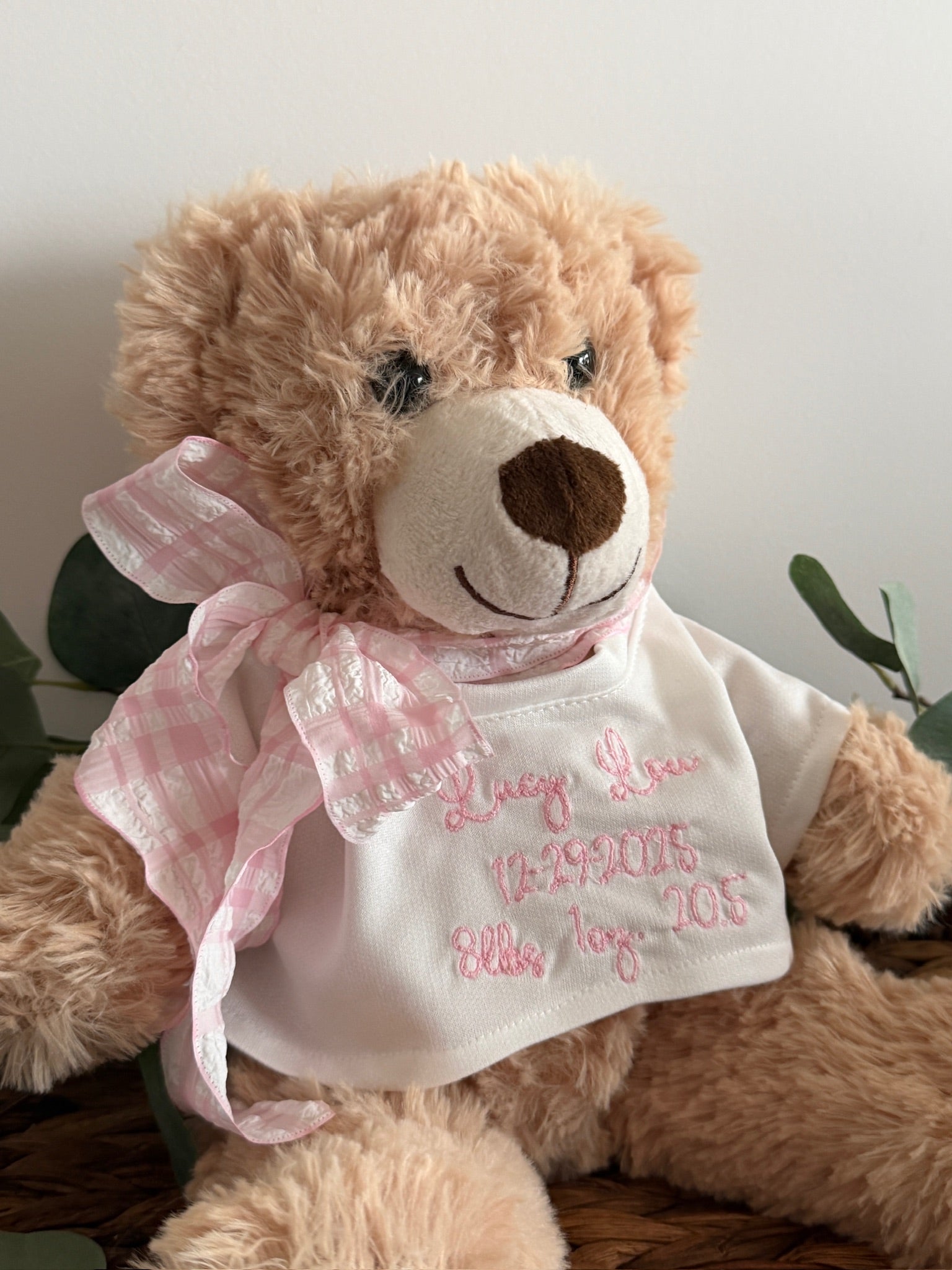 Teddy bear wearing a bib with embroidered text on a neutral background