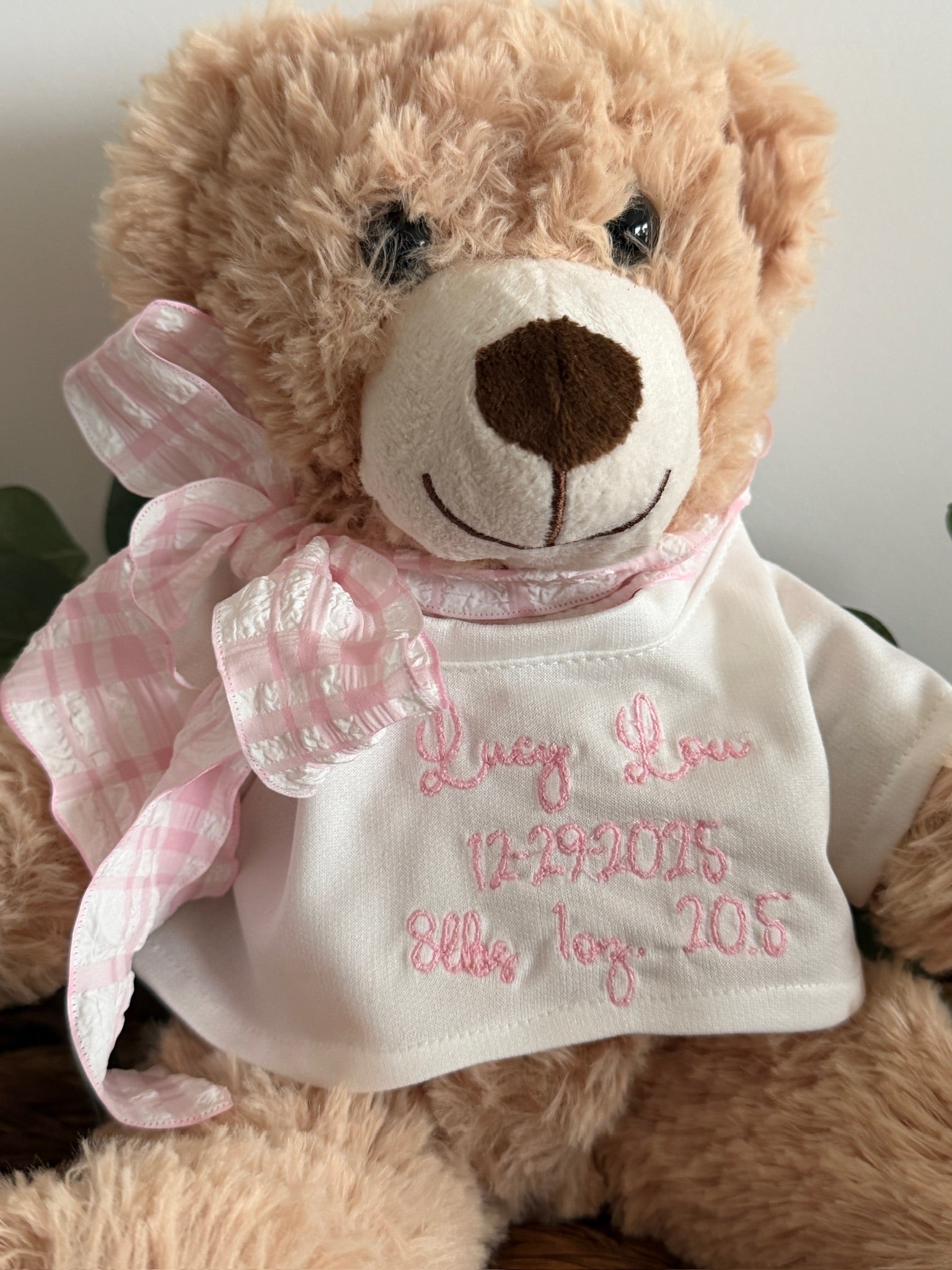 Teddy bear wearing a white shirt with embroidered text and a pink bow.