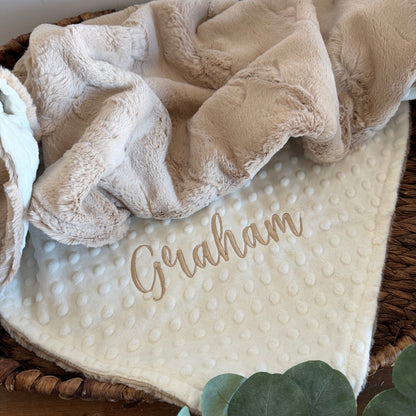 Beige textured blanket with 'Graham' embroidery on a polka dot fabric, placed in a woven basket.