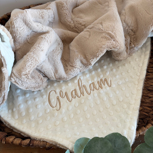 Beige textured blanket with 'Graham' embroidery on a polka dot fabric, placed in a woven basket.