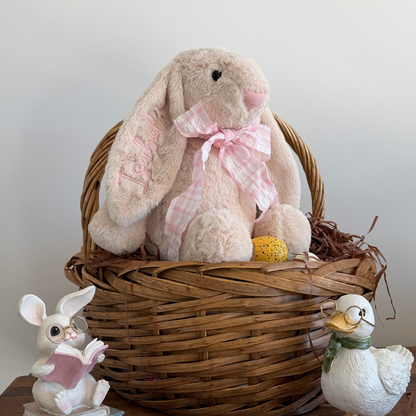 Large Latte Easter Bunny with Pink Gingham Scarf - Personalized