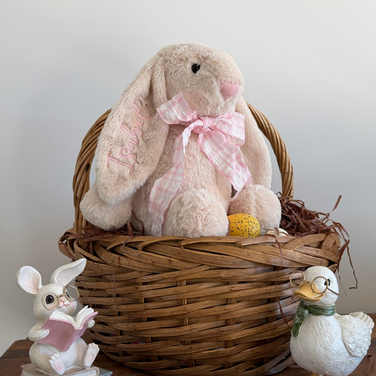 Large Latte Easter Bunny with Pink Gingham Scarf - Personalized