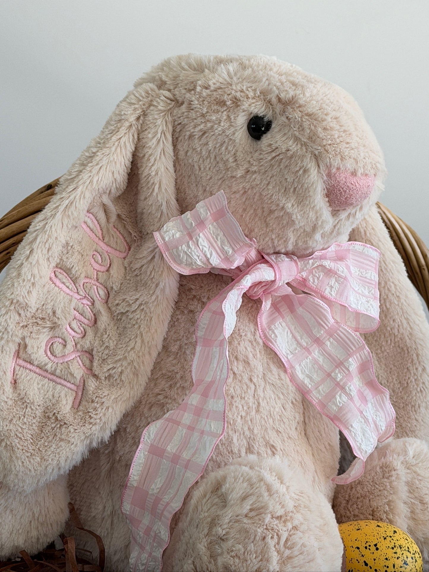 Large Latte Easter Bunny with Pink Gingham Scarf - Personalized