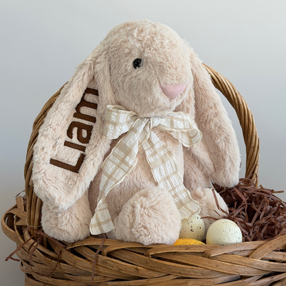 Large Latte Easter Bunny with Latte Gingham Scarf - Personalized