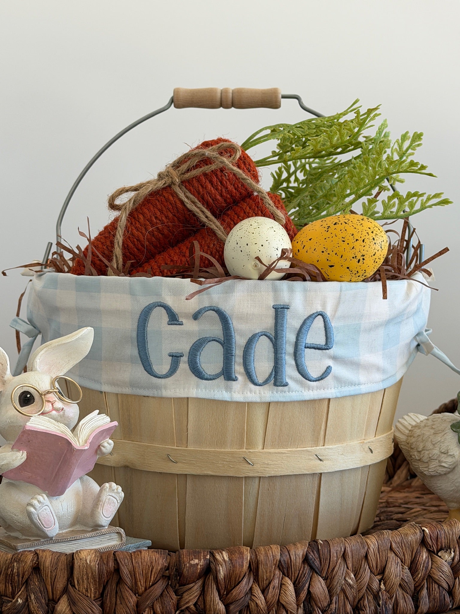 Decorative Easter basket with eggs, a bunny, and personalized banner on a neutral background