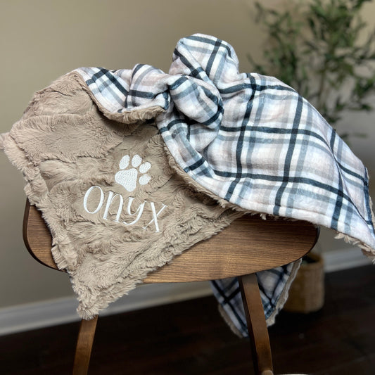 Gray Plaid Minky Pet Blanket -  Personalized