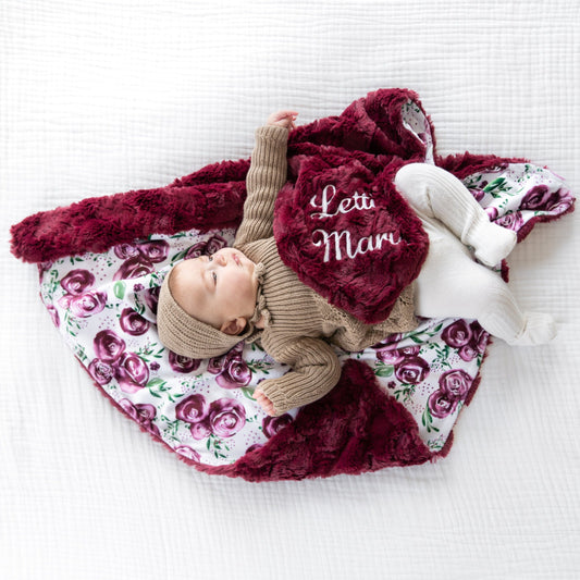 Rosa Merlot Minky Baby Blanket - Merlot Rose Baby Girl Gift - Personalized