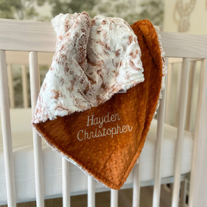 Snowy Owl Woodland Rust Minky Baby Blanket - Personalized