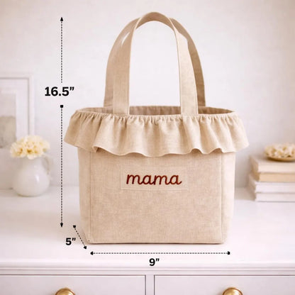 Personalized Ruffle Stroller Caddy Bag | Latte Stripe Mama Tote Organizer