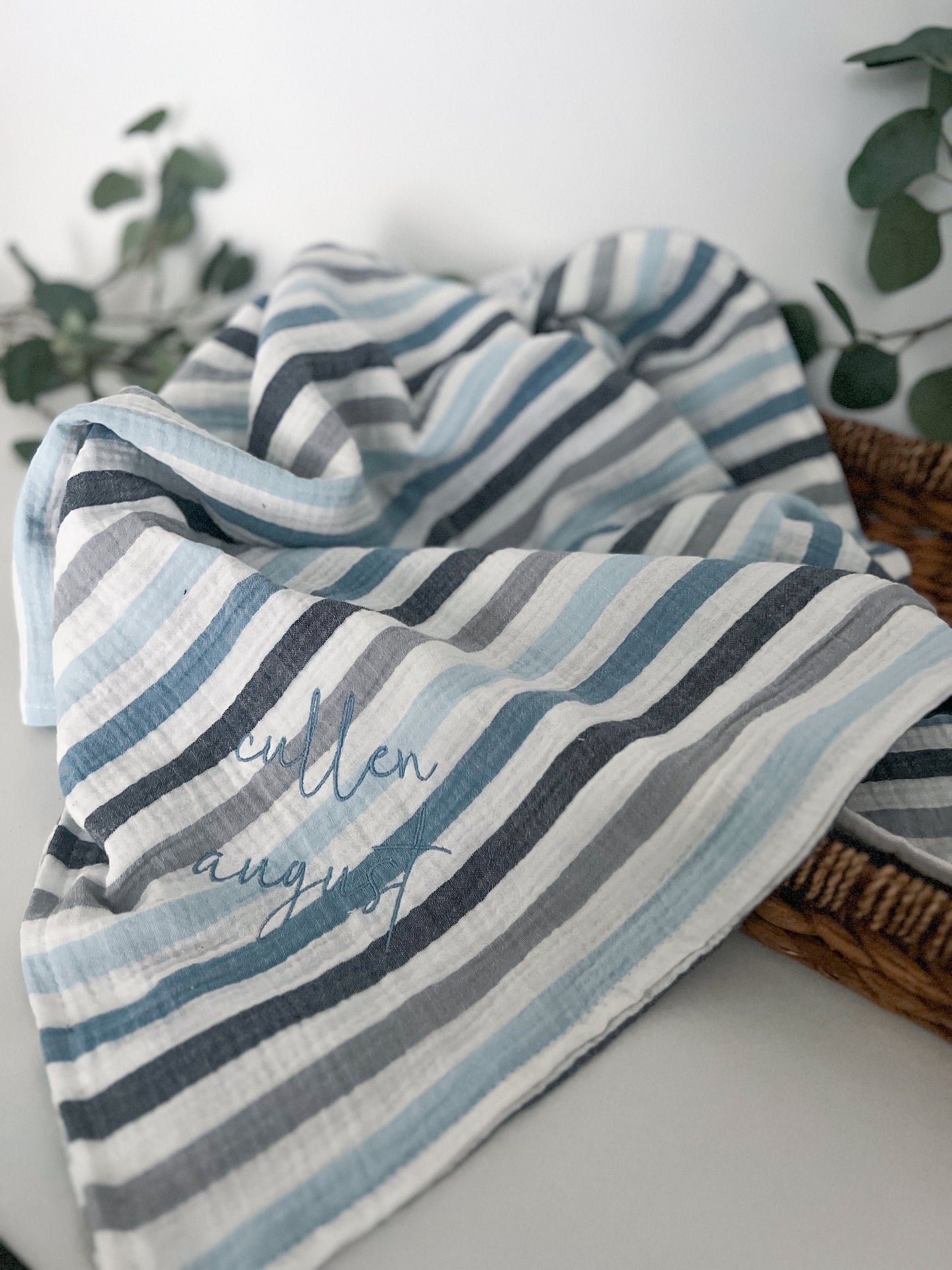 Lightweight Striped Embroidered Baby Blanket, Personalized Baby Blanket, Cozy Soft Muslin Gauze Custom Blanket, Gift for Newborn