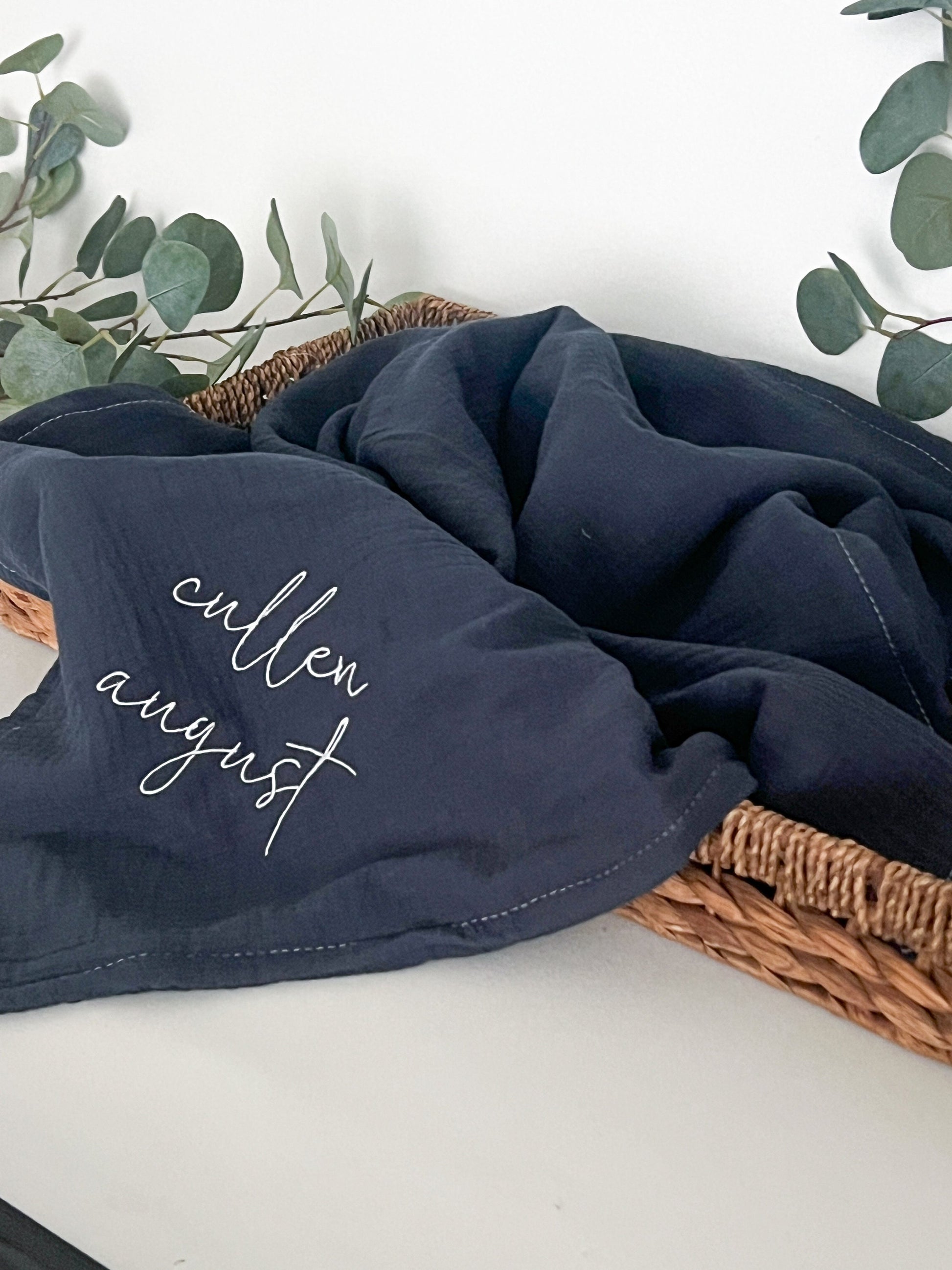 Lightweight Navy Embroidered Baby Blanket, Personalized Baby Blanket, Cozy Soft Muslin Gauze Custom Blanket, Gift for Newborn