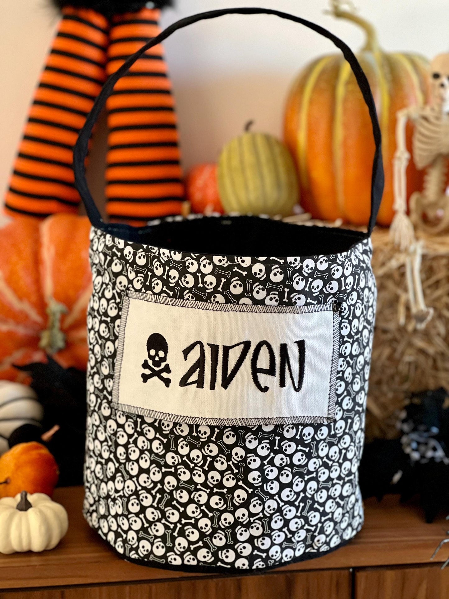 Skulls Trick or Treat Bag, Custom Halloween Bag, Trick-or-Treat Bucket, Personalized, Embroidered Halloween Basket, Small Quantities Only!