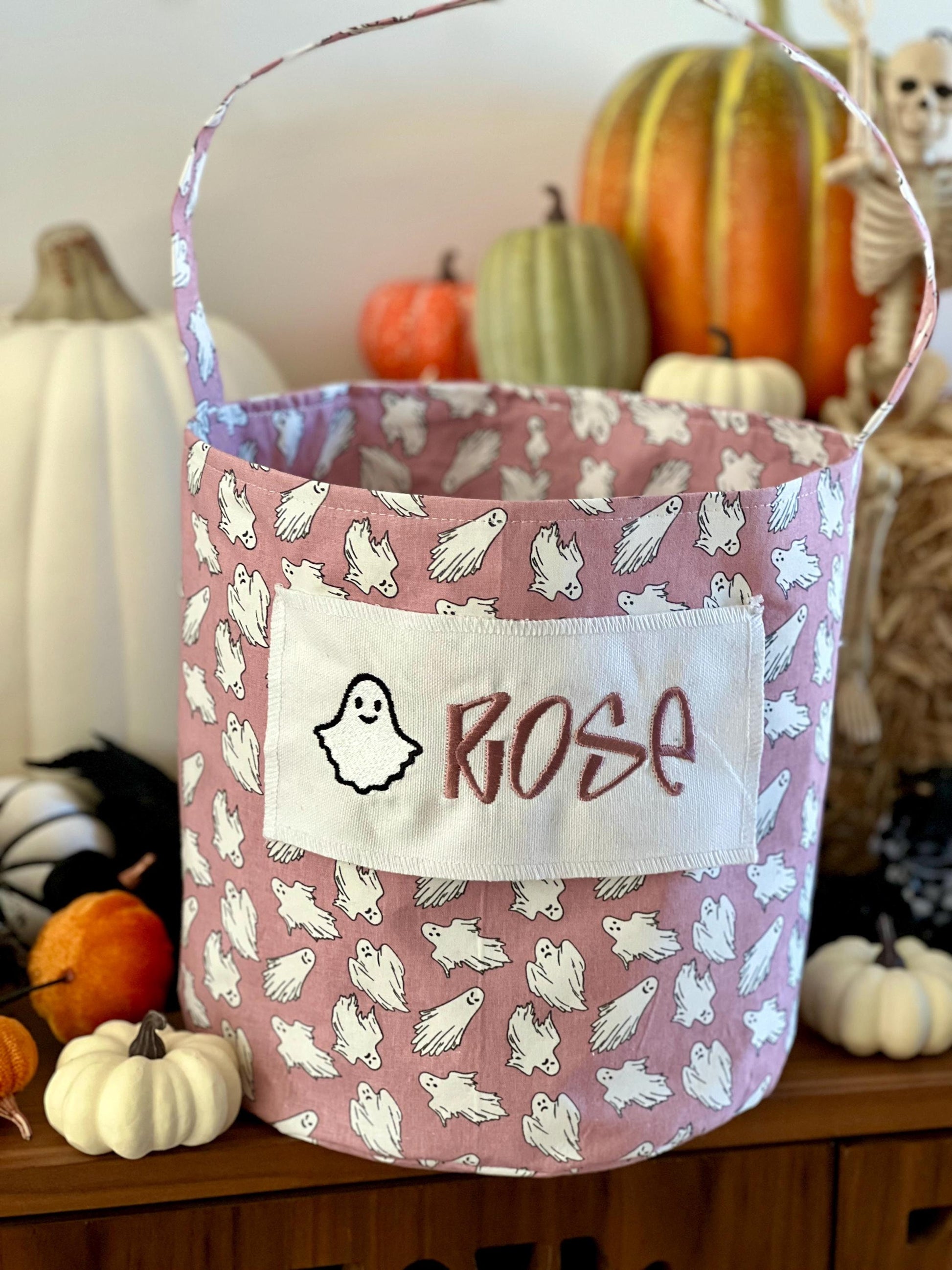 Woodrose Ghost Trick or Treat Bag, Custom Halloween Bag, Trick-or-Treat Bucket, Personalized, Embroidered Halloween Basket, Pink Ghost Bag