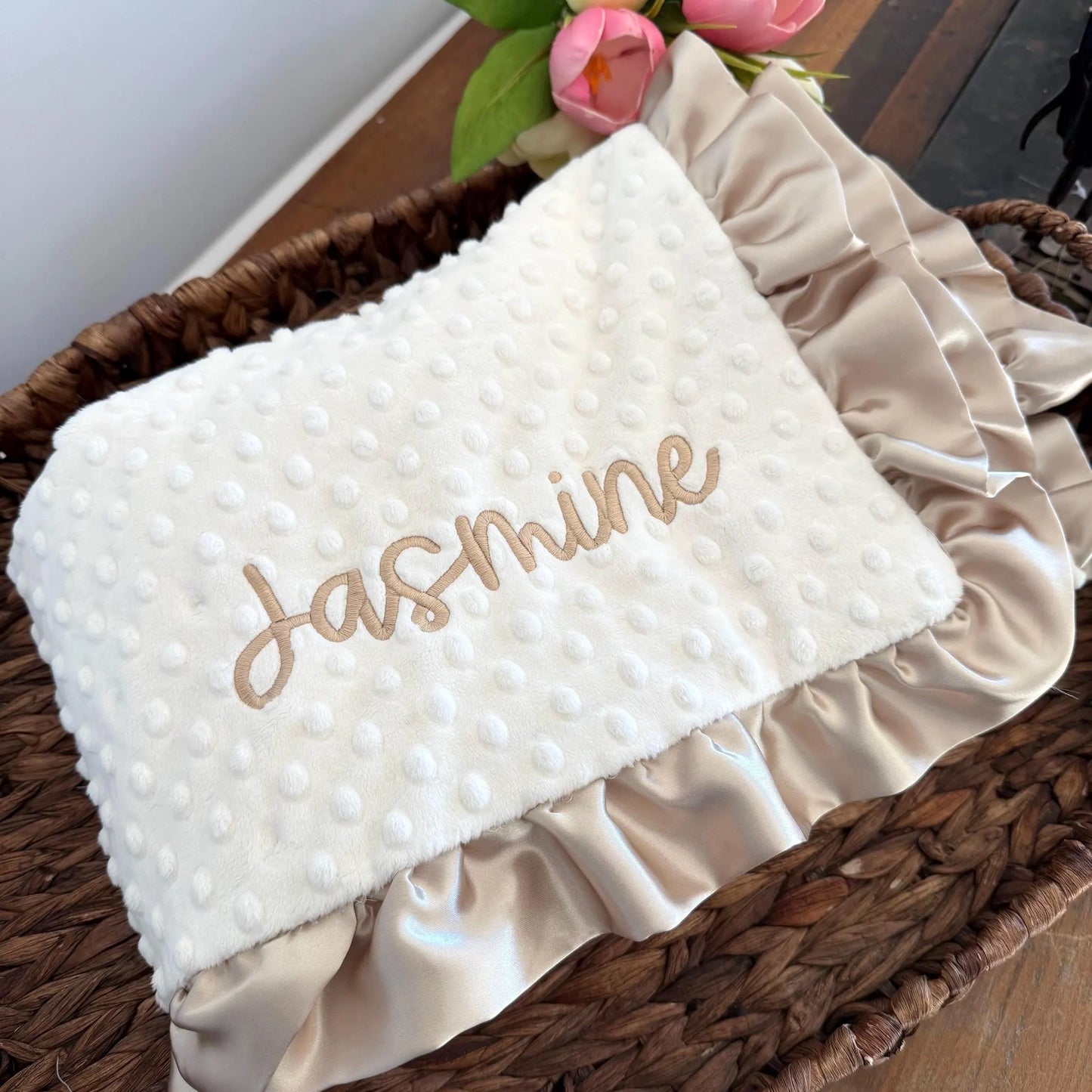 Ivory Baby Blanket with Ruffle Trim