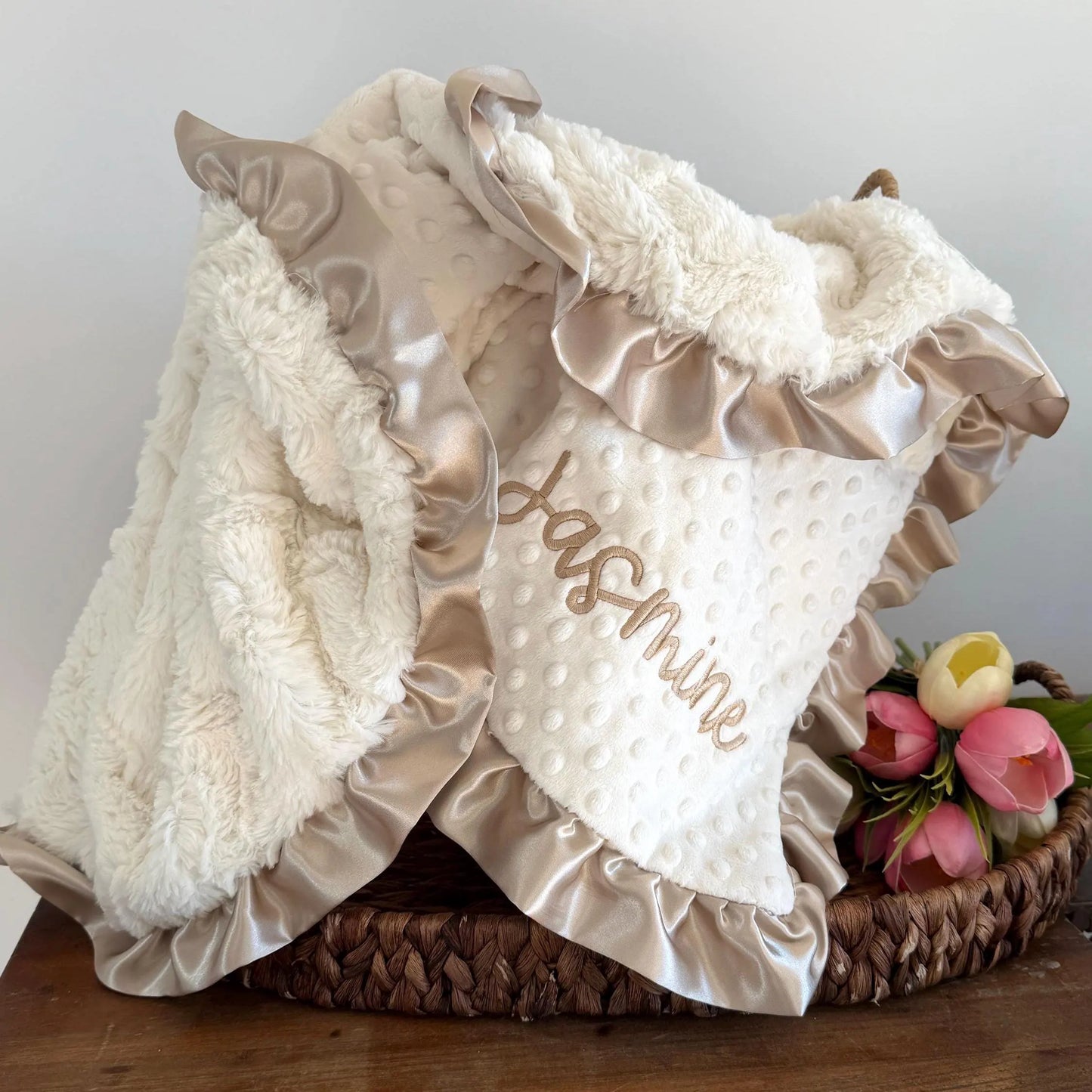 Ivory Baby Blanket with Ruffle Trim
