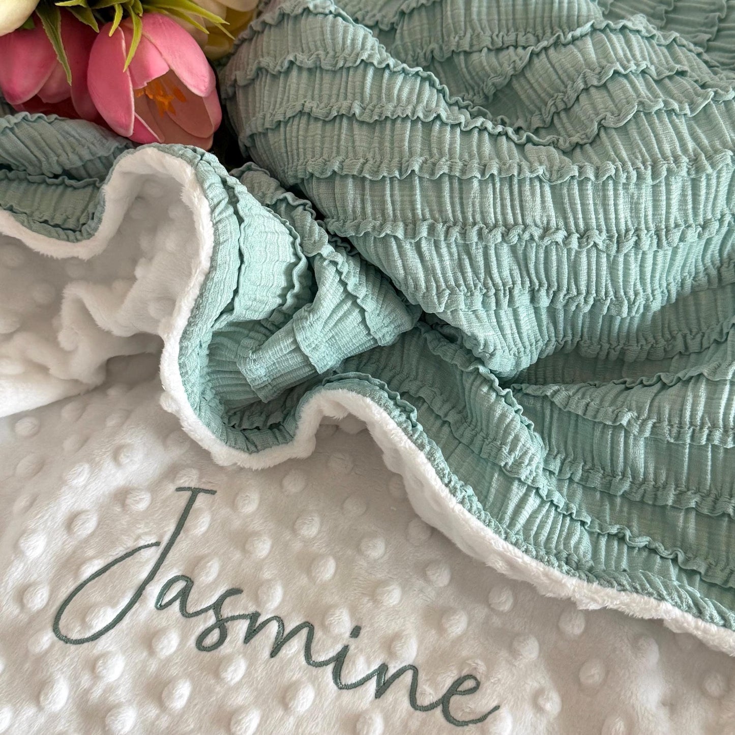 Ruffled Sage Green Baby Blanket