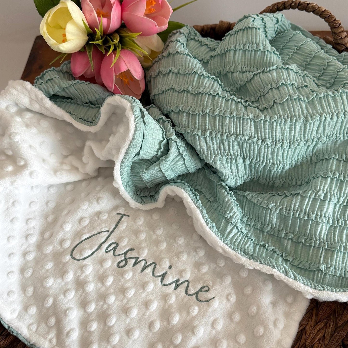 Ruffled Sage Green Baby Blanket