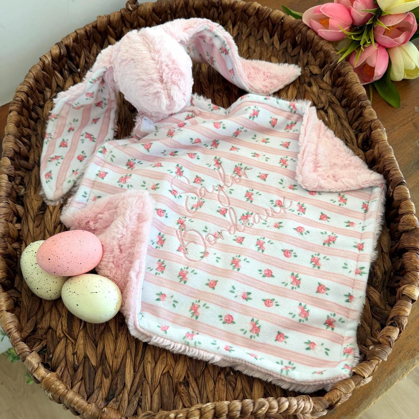 Embroidered Baby Bunny Lovey, Vintage Pink