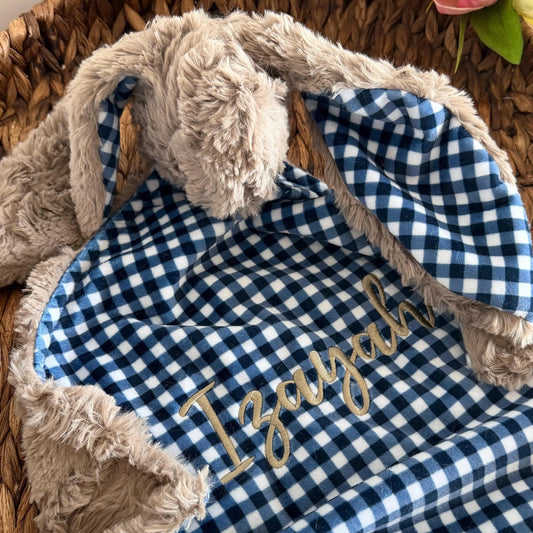 Embroidered Baby Bunny Lovey, Navy Gingham