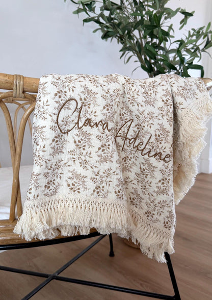 Personalized Muslin Baby Blanket – Vintage Rose Print, Embroidered Name Keepsake